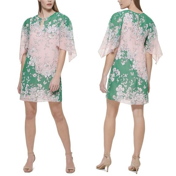 NEW Vince Camuto Floral Chiffon Overlay Keyhole Flutter Flowy Sleeve Mini Dress - Picture 1 of 4